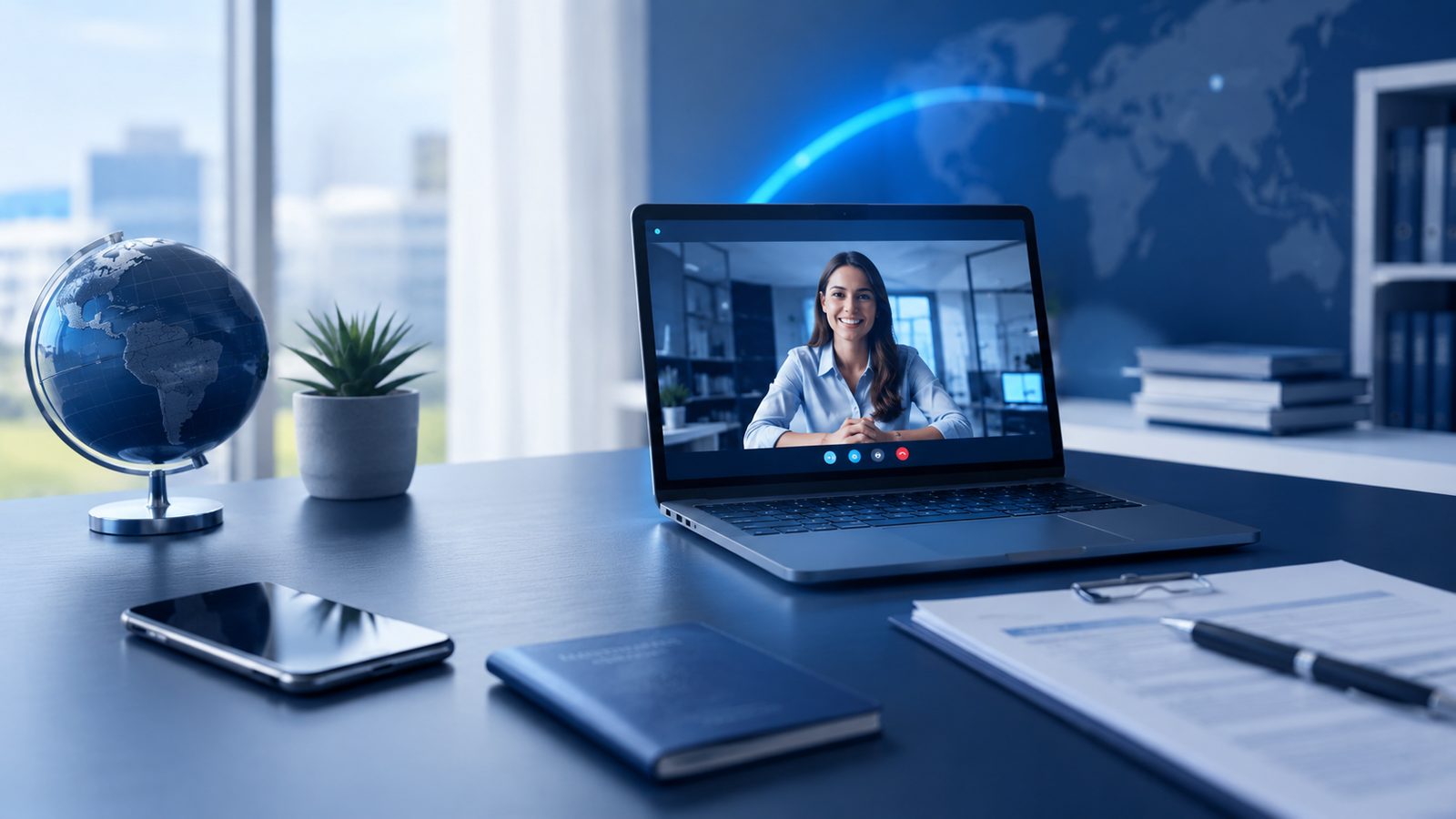 Mesa de atendimento remoto com notebook em chamada, globo e documentos genéricos para casos previdenciários no exterior.